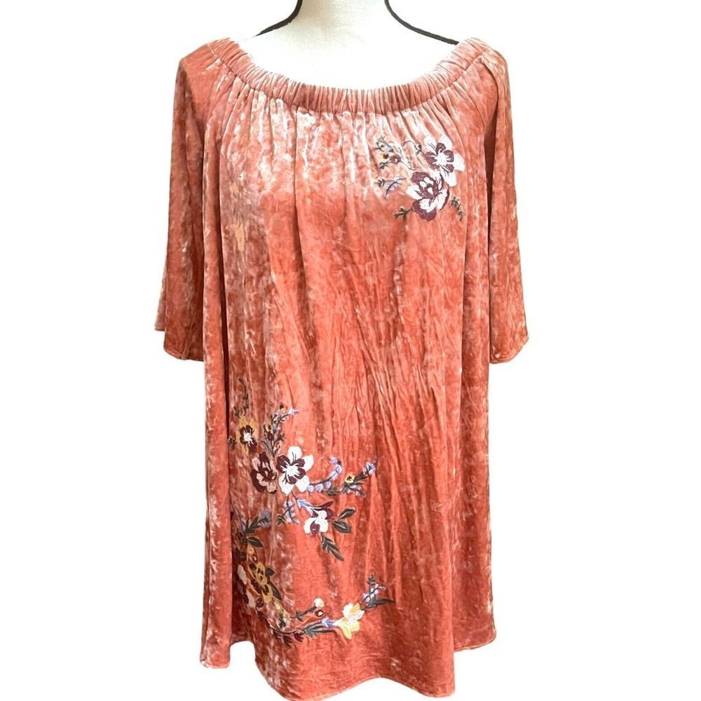Blu Pepper Orange Multi Floral Velvet Embroidered Mini Dress Bohemian Size L NEW